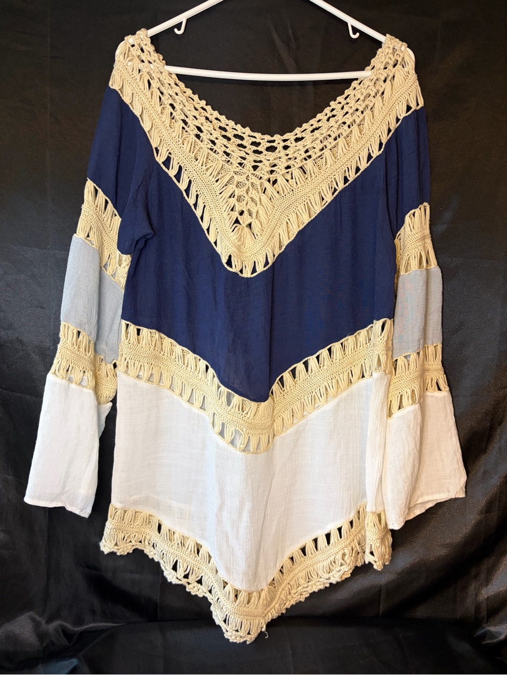 Crochet-Trim Colorblock Women's Swim Coverup - Navy, Light Blue & White Womens M